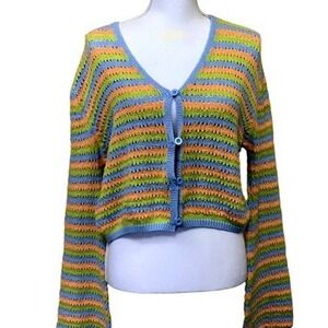Time After Time Cropped Cardigan Bell Sleeve Striped 100% Cotton Medium Boho
